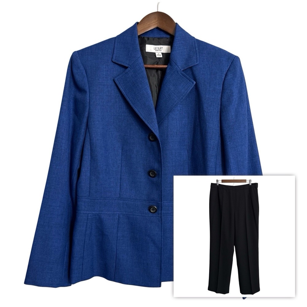 NEW Le Suit pant suit blazer set women's 12 blue peplum black work office career